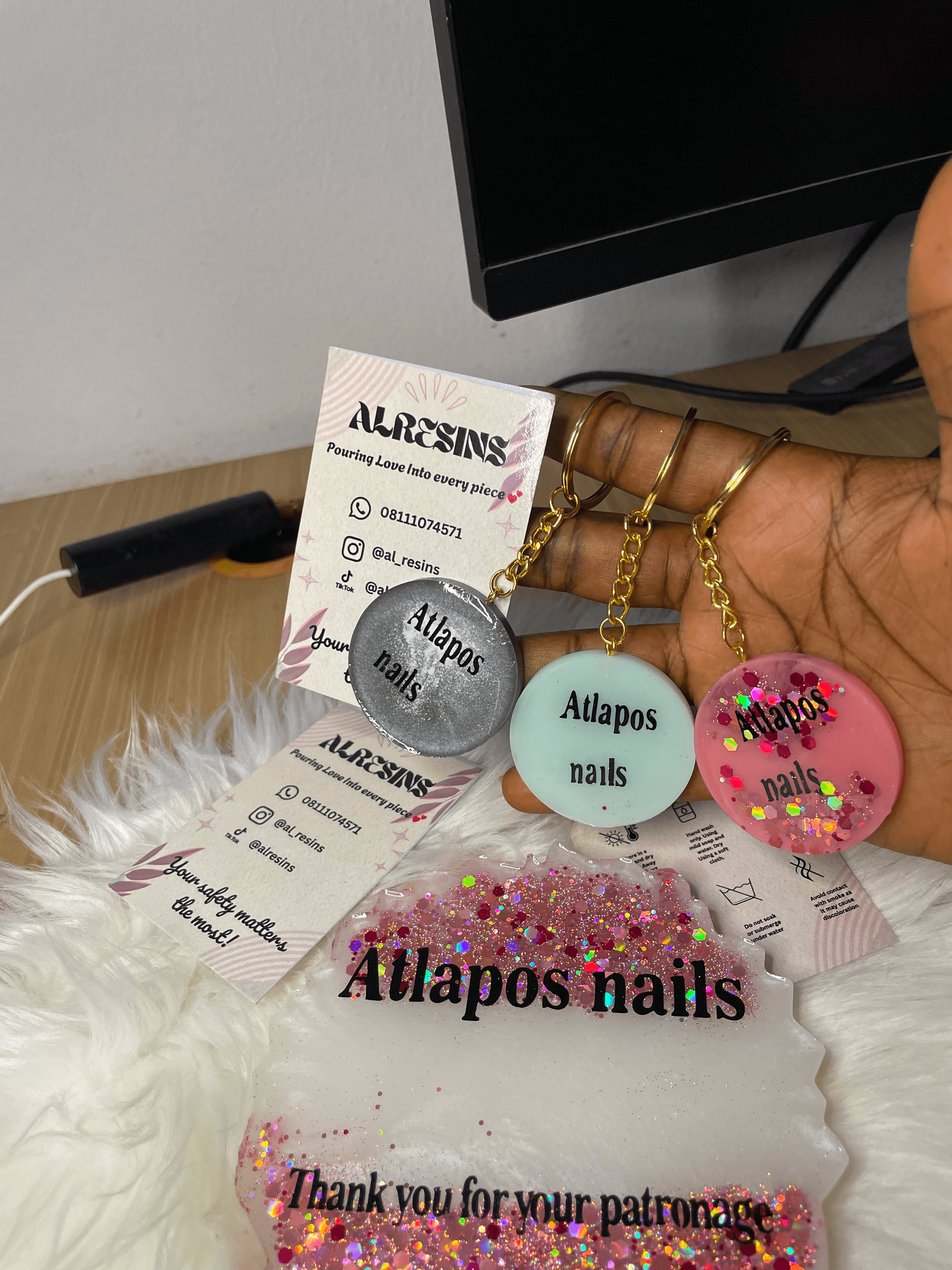 Wide flat-lay of Al Resins product collection on a linen surface